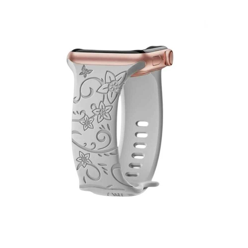 For Apple iWatch Compatible Gray Etched Floral Silicone Watch Band 42/44/45mm